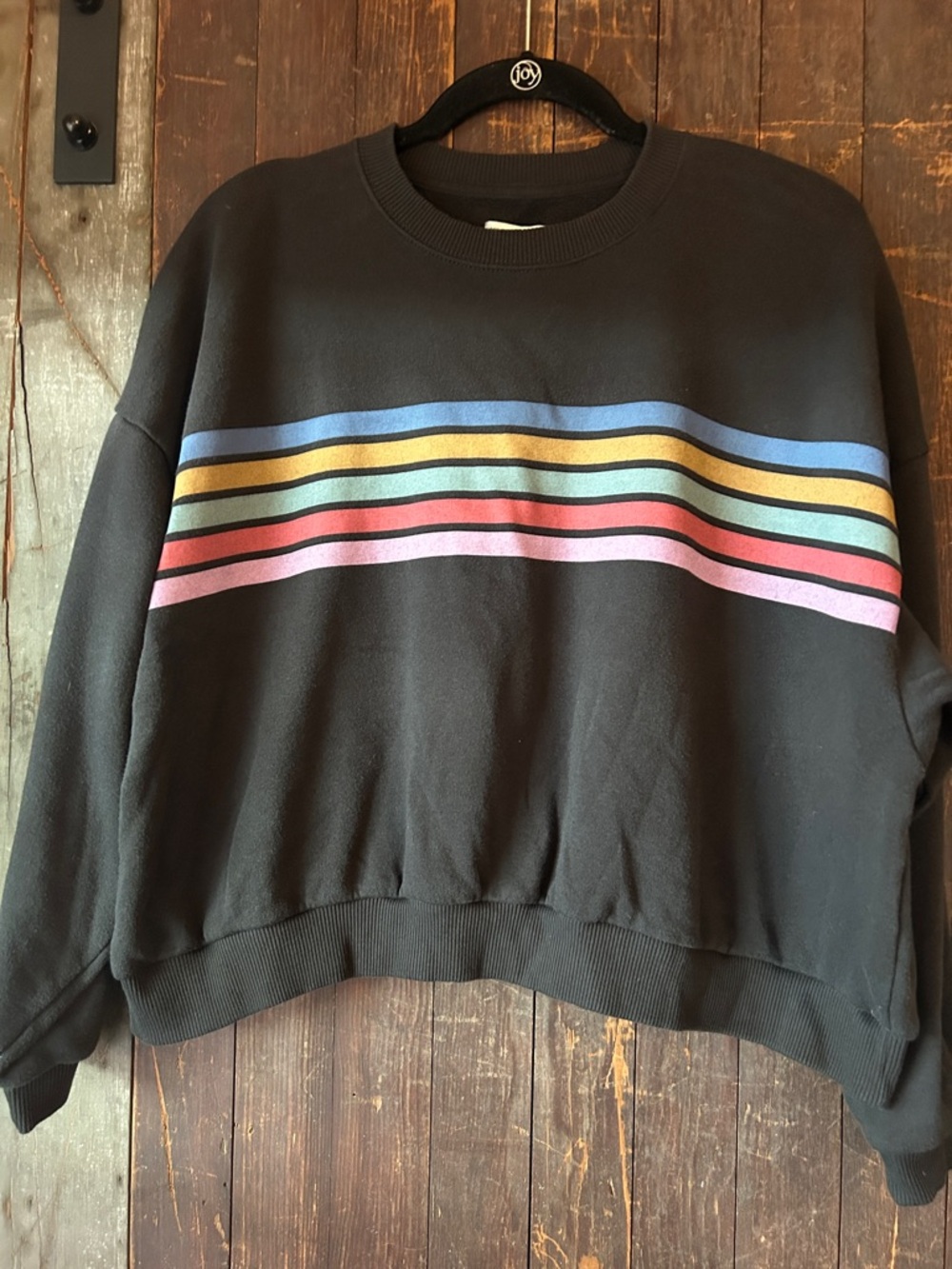 American Eagle Outfitters Black Crewneck with Rainbow Stripe Bands